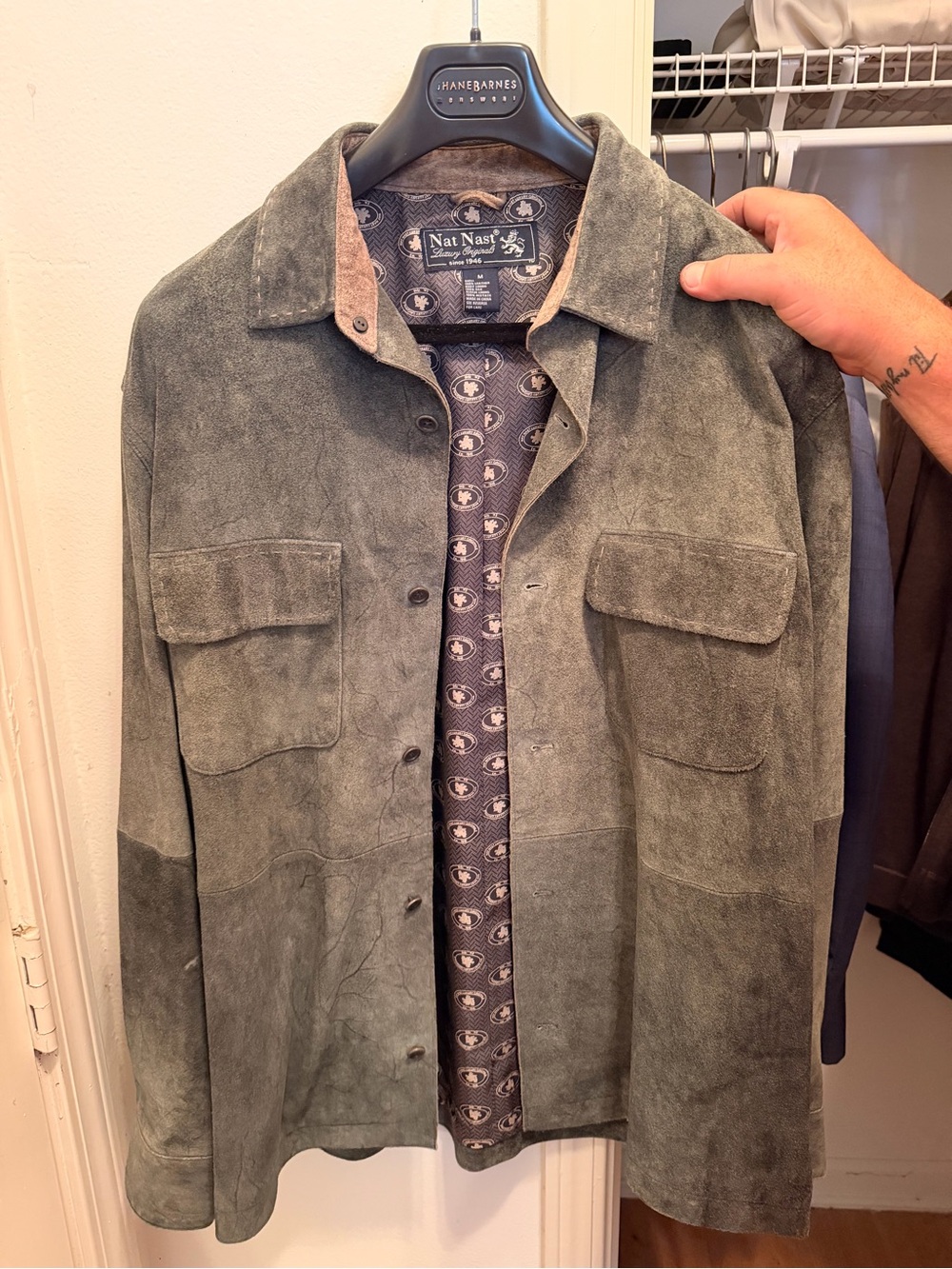 Nat Nast Olive Green Suede Shirt Jacket with Chest Flap Pockets
